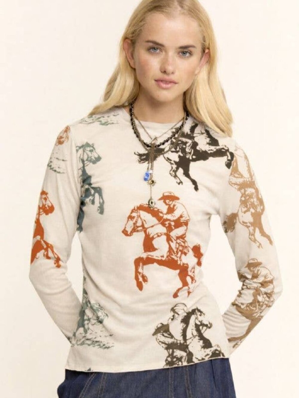BNWT DAVI & DANI Western Horse Print Mesh Long Sleeve Top
